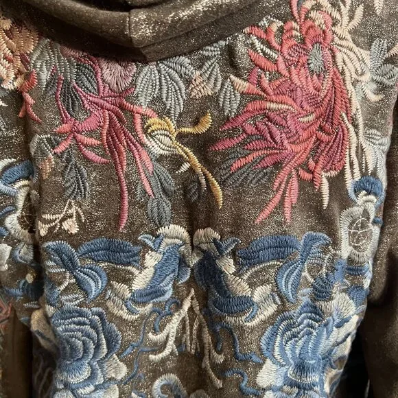 Pre owned Johnny Was BIYA Srika Khaki Green Shimmer Sueded Embroidered Hoodie - Picture 10 of 16